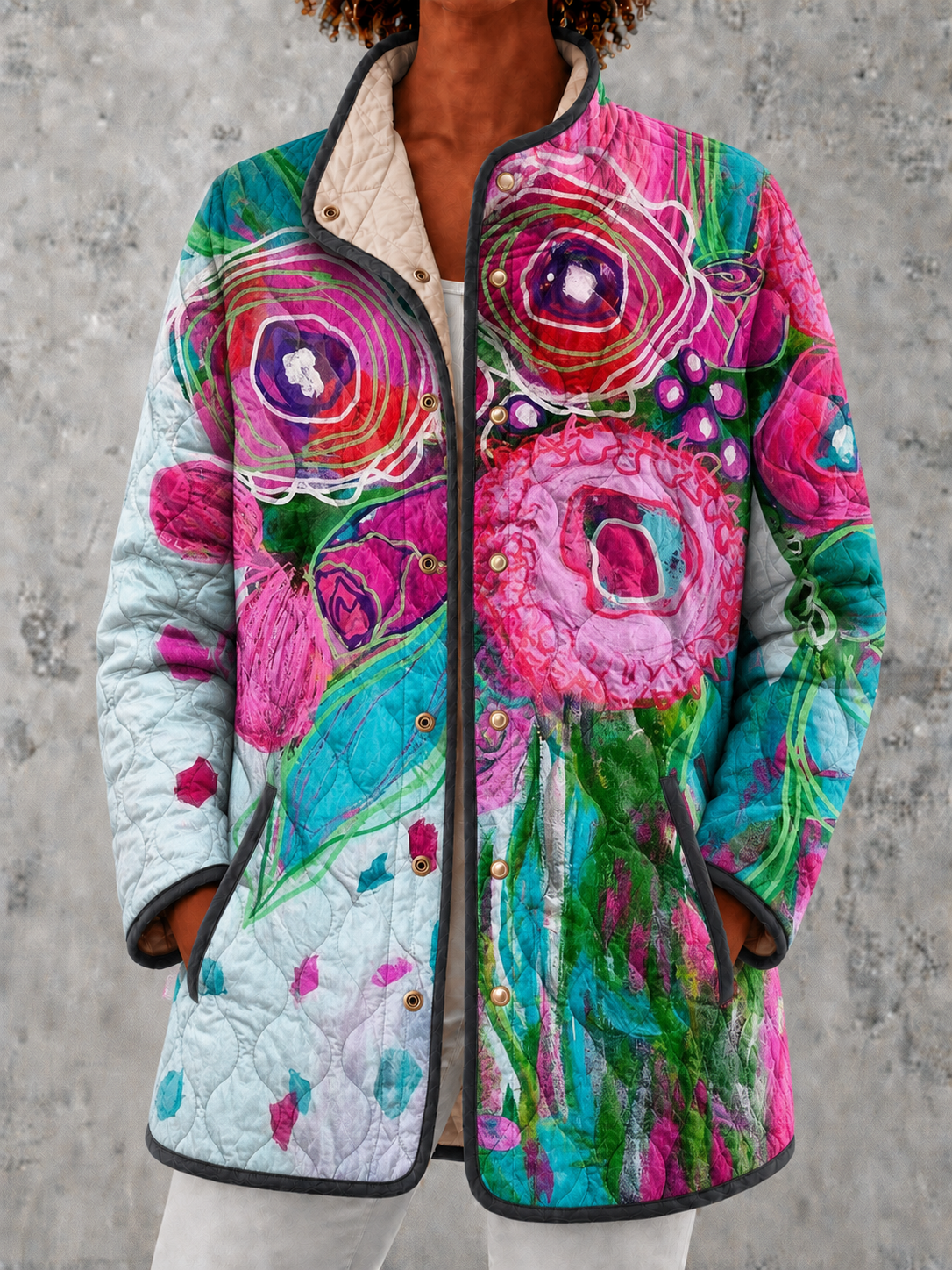 Multicolor Stand Collar Abstract Floral Quilted Snap-Button Jacket