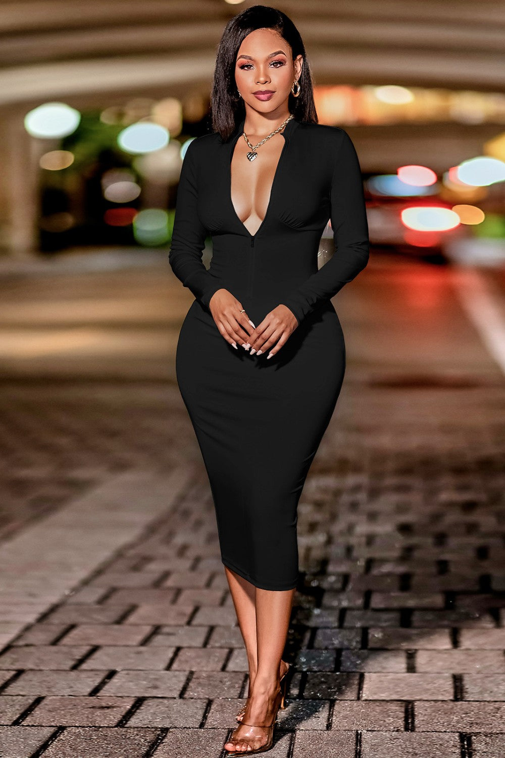 High Neck Zip Front Long Sleeve Cutout Bodycon Midi Dress