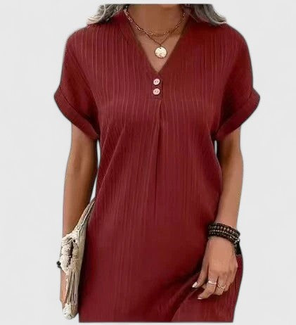 Notch V-Neck Button Textured Short Sleeve Shift Mini Dress