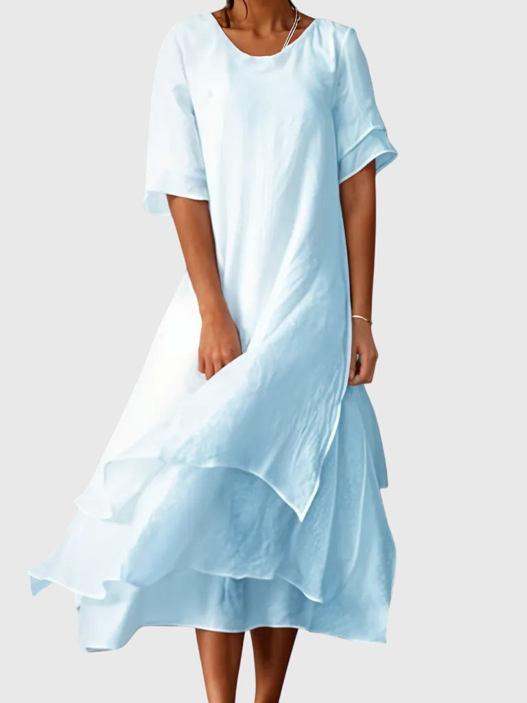 Round Neck Layered Chiffon Tiered Hem Short Sleeve Maxi Dress