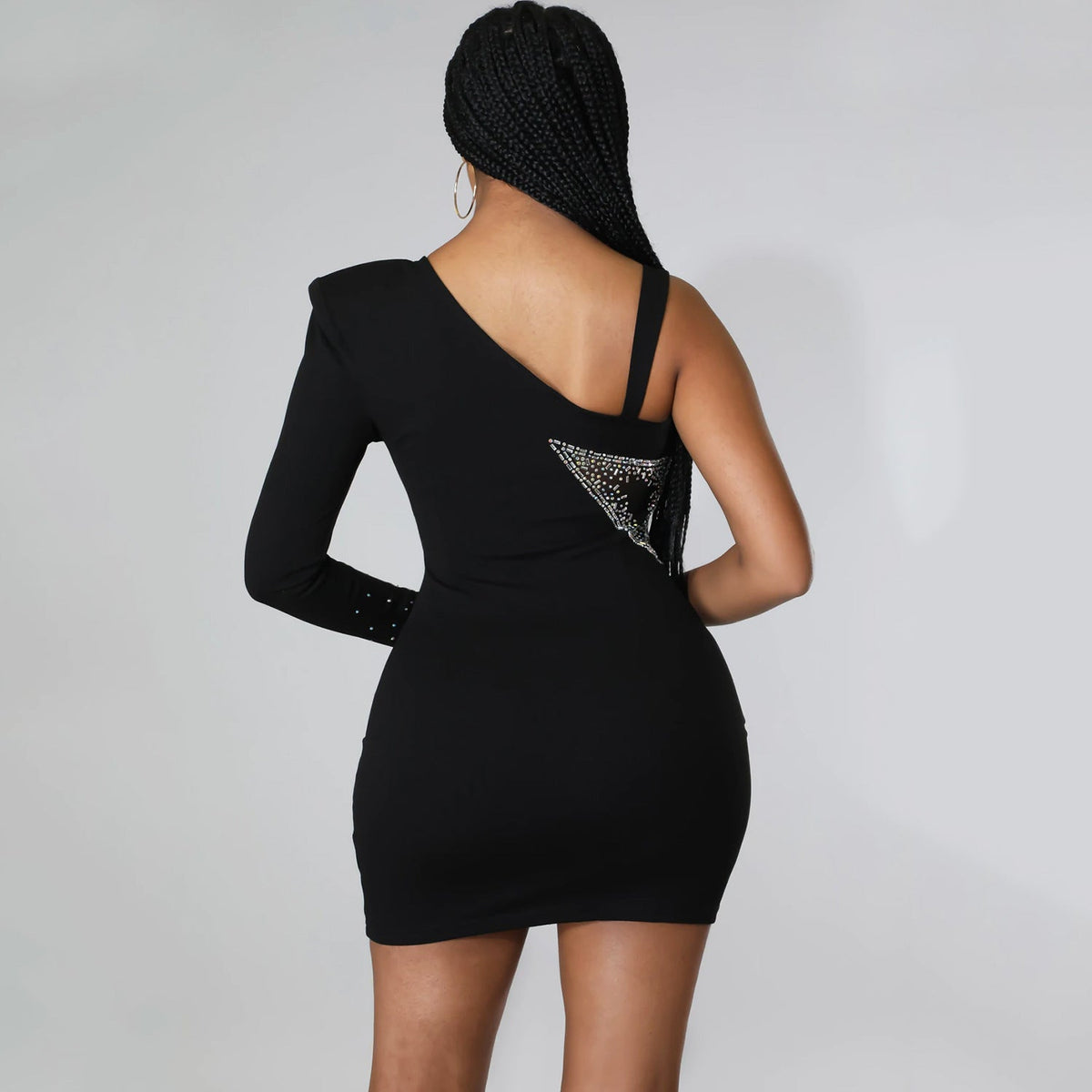 Black One Shoulder Rhinestone Sheer Mesh Cutout Bodycon Mini Dress