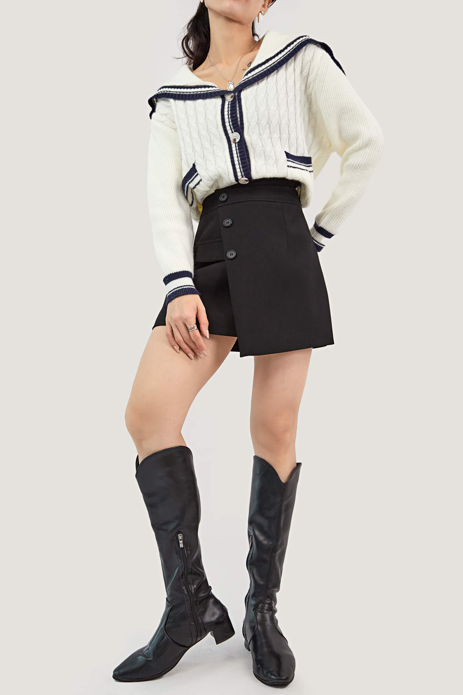 Ivory Sailor Collar Striped Trim Ribbed Cardigan