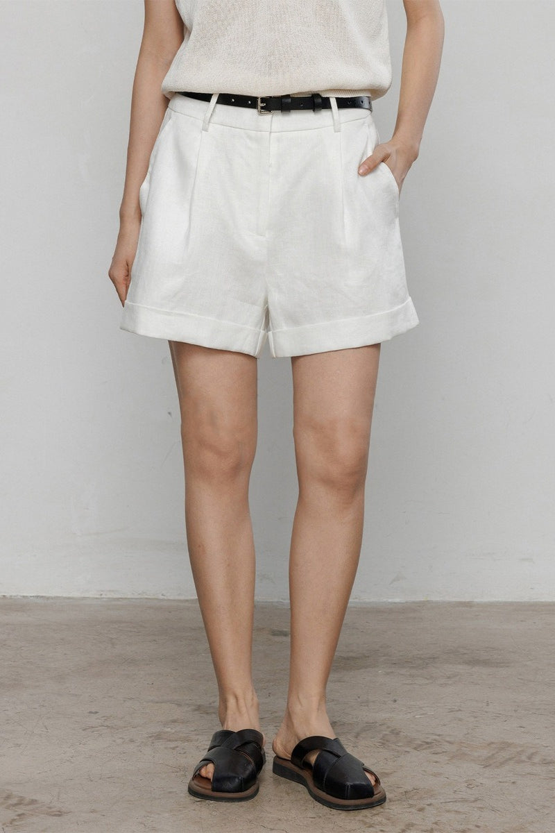 White Linen Cuffed Loose Fit Shorts Pants
