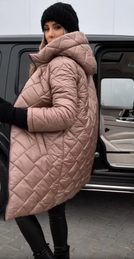 Hooded Diamond Quilted Zip-Up Longline Puffer Coat