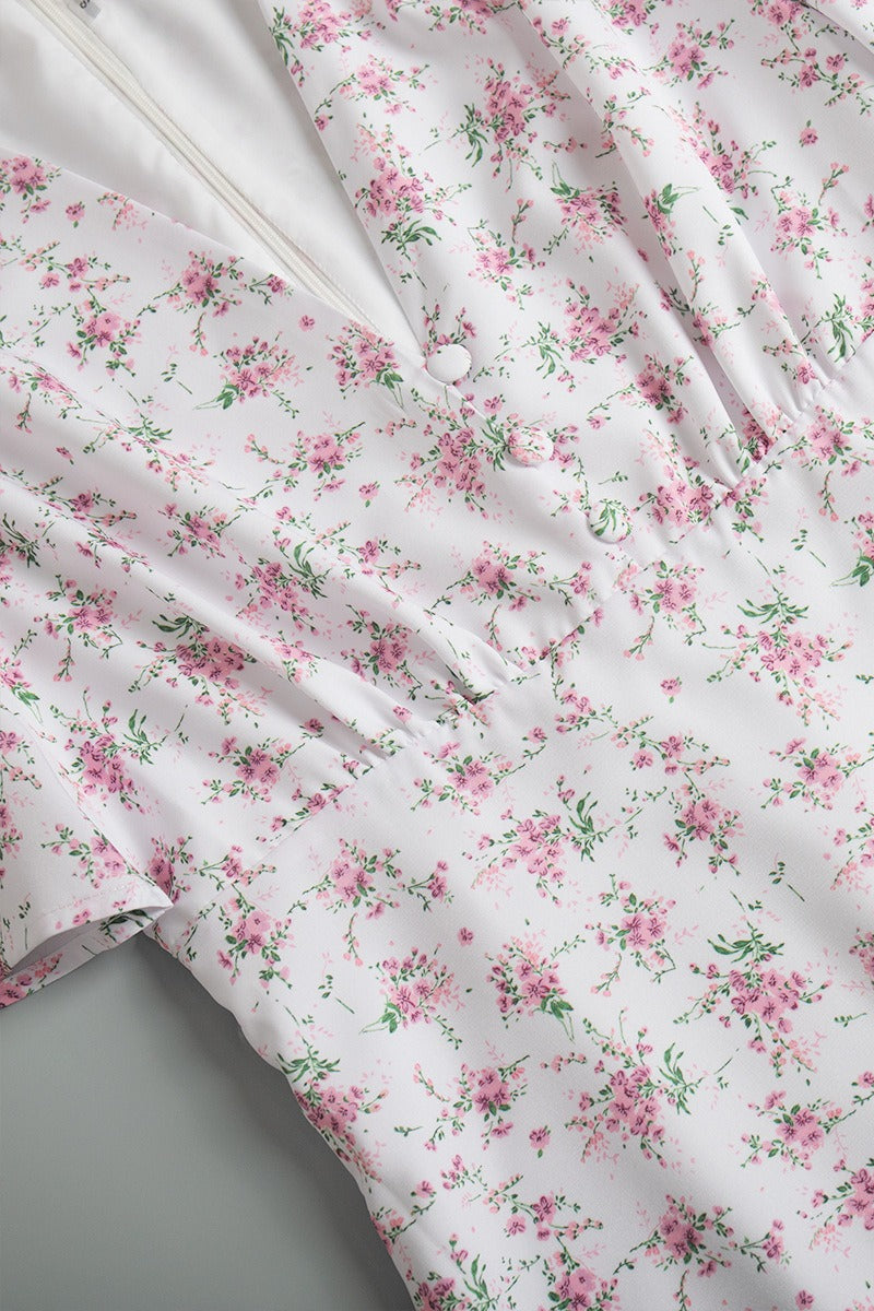 White Deep V Neck Puff Sleeve Empire Waist Button Detail Ditsy Floral Midi Dress 10