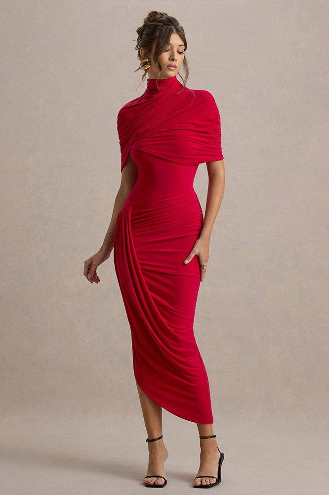 Solid Ruched Bodycon Cape Party Dress