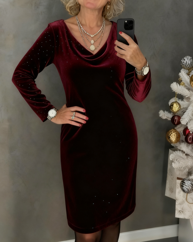 Red Cowl Neck Rhinestone Velvet Long Sleeve Bodycon Midi Dress