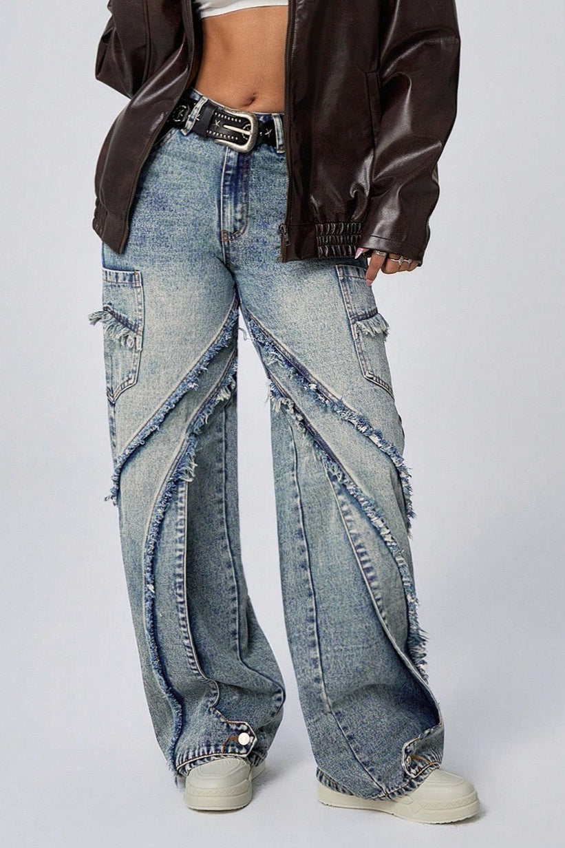 Wide Leg Raw Hem Patchwork Loose Fashion Jeans