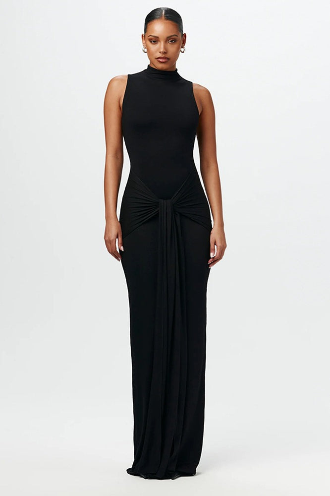 Solid Crew Neck Sleeveless Tie Bodycon Party Dress