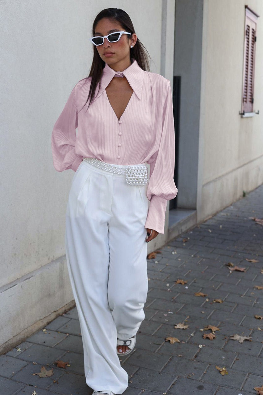 Collared Long-Sleeve Loose Elegant Blouse