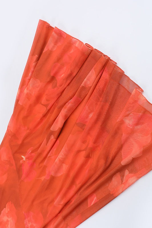 Orange Strapless Mermaid Ruched Abstract Floral Print Maxi Dress 8