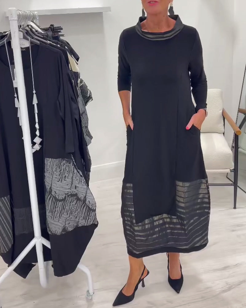 Black Cowl Neck Three-Quarter Sleeve Sheer Striped Hem Cocoon Midi Dress 3