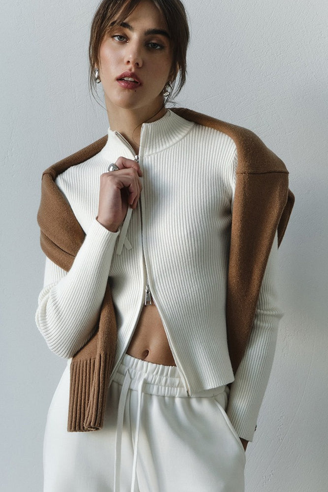 Two - Way Zipper Stand Collar Slim Long Sleeve Thermal Knit Cardigan