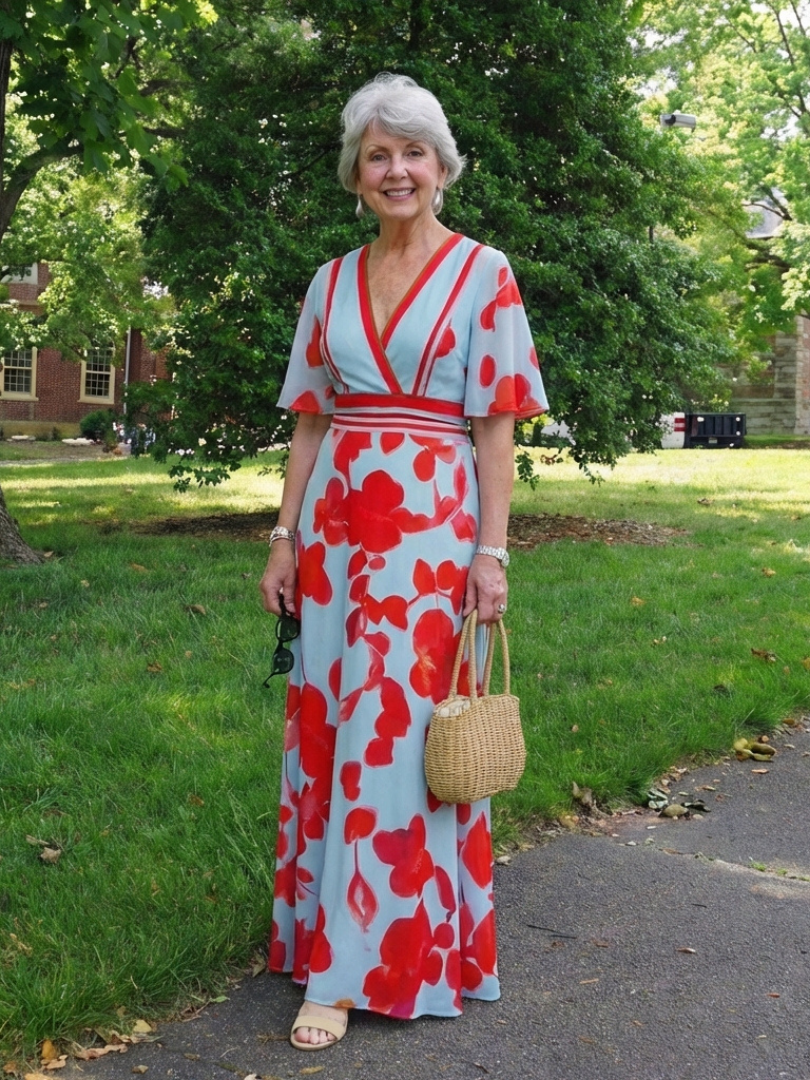Floral V-Neck Floral Kimono Sleeve Banded Waist Flowy Maxi Dress