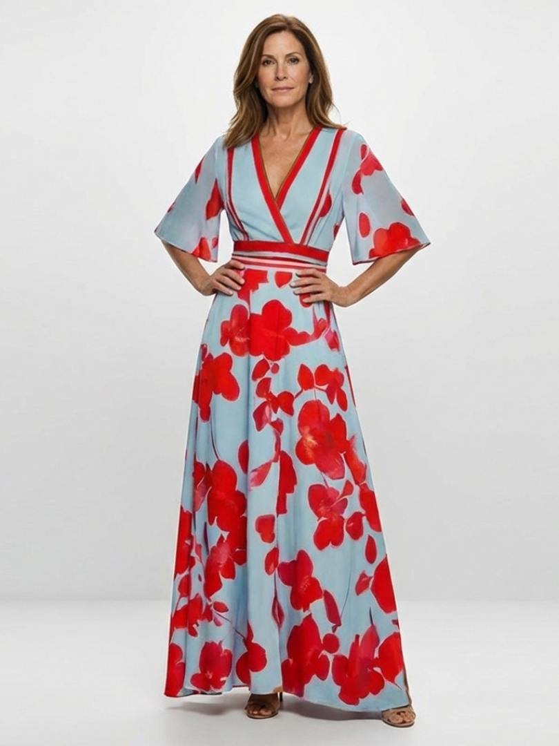 Floral V-Neck Floral Kimono Sleeve Banded Waist Flowy Maxi Dress