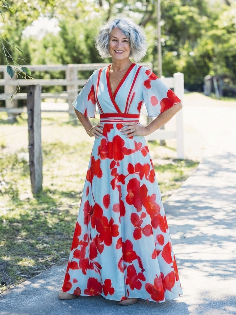 Floral V-Neck Floral Kimono Sleeve Banded Waist Flowy Maxi Dress