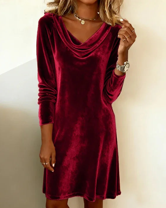 Cowl Neck Velvet Long Sleeve Ruched Shift Mini Dress