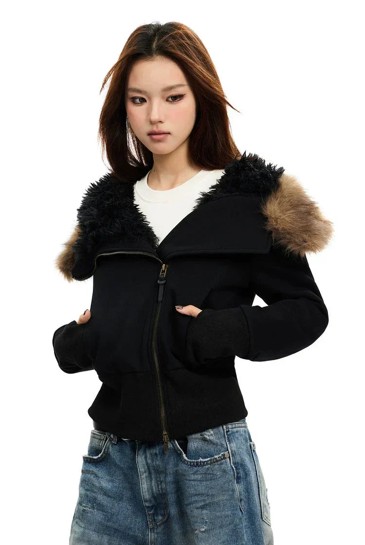Fleece-Lined Hooded Fur-Collar Zip Short Jacket