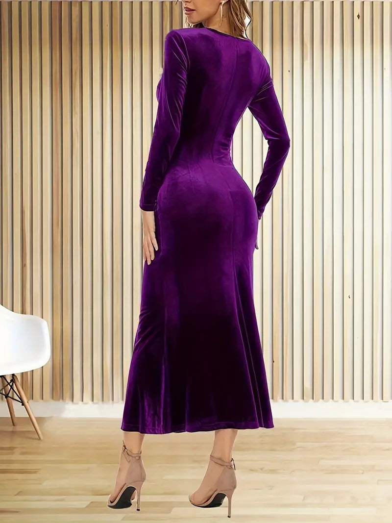 Purple Velvet Long Sleeve V-Neck Wrap Dress M / Blue Black Green Burgundy