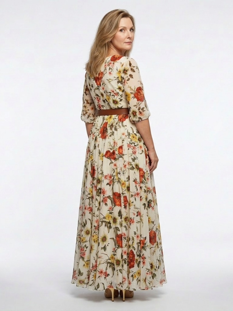 Floral Round Neck Floral Three Quarter Sleeve Belted Pleated Maxi Dress 2
