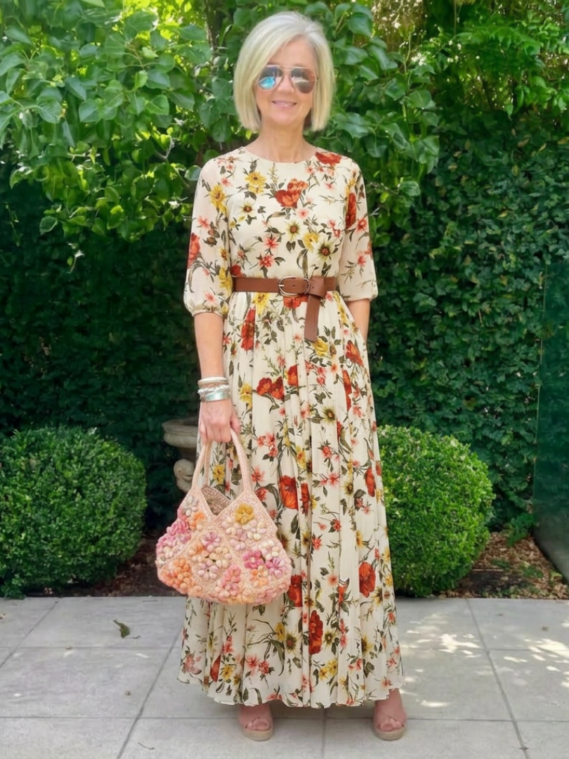 Floral Round Neck Floral Three Quarter Sleeve Belted Pleated Maxi Dress 3