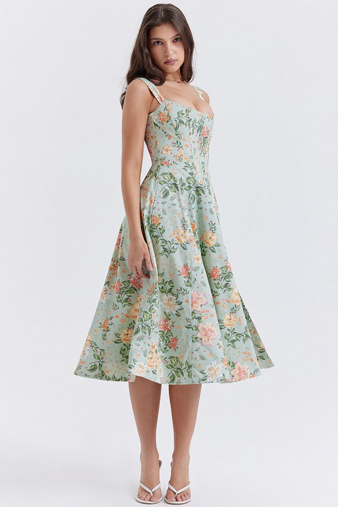 Spaghetti Strap Floral Ruched Midi Dress