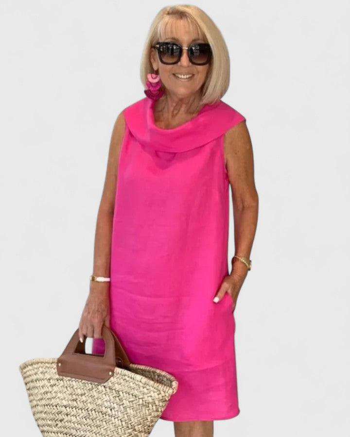 Cowl Neck Sleeveless Linen Shift Midi Dress