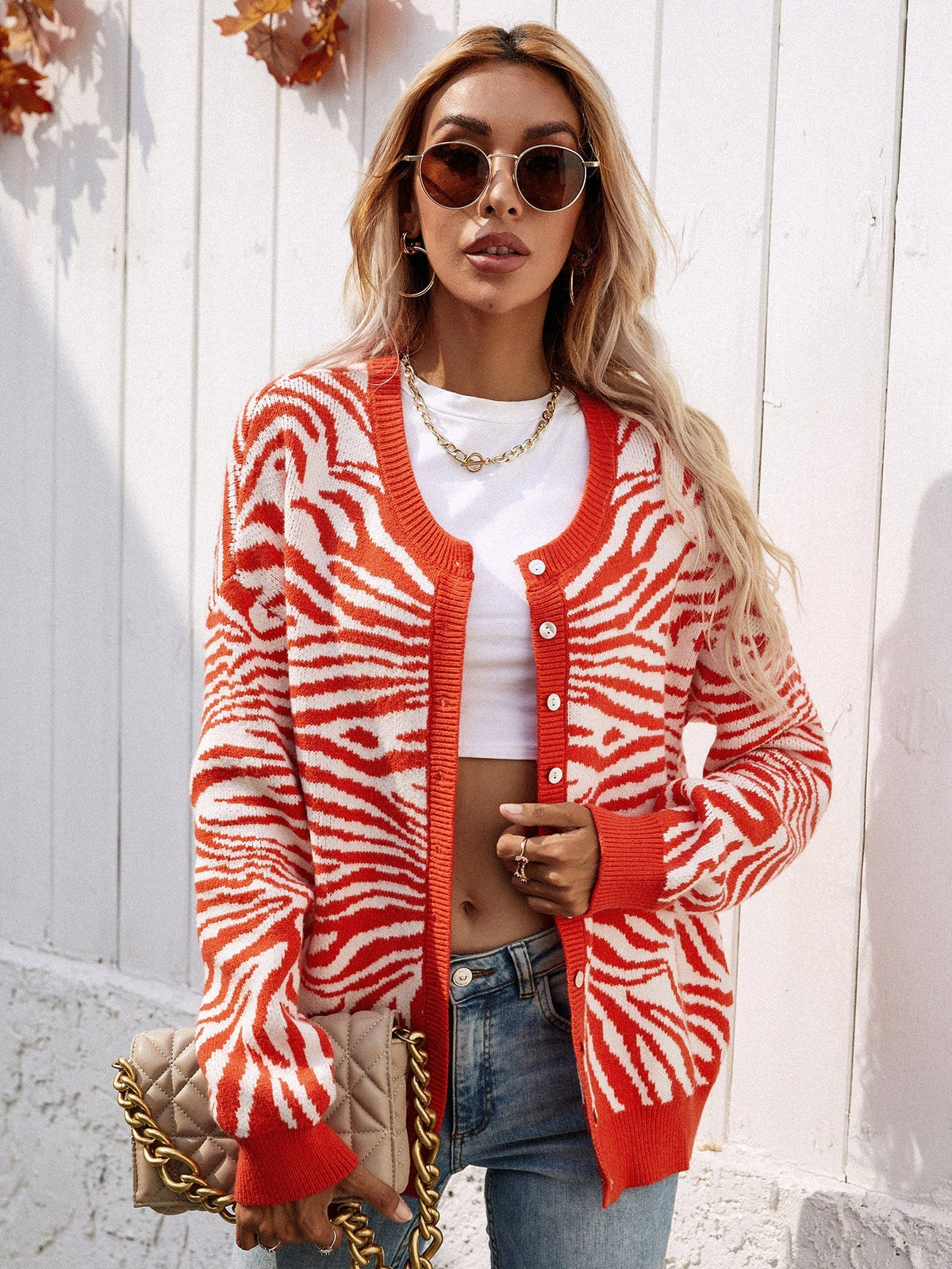Round Neck Zebra Print Button Up Long Sleeve Knit Cardigan 5