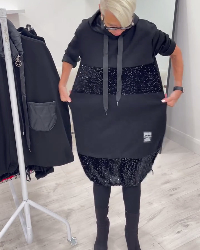 Hooded Drawstring Sequin Patchwork Panel Pocket Sweatshirt Midi Dress
