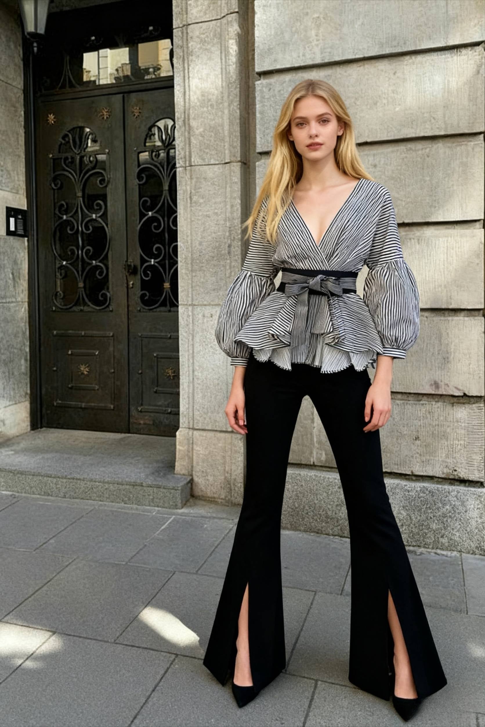 Spring Women's Bow Pants Lantern Flare Black + Striped Split WarmSeason Blouse Arm Arm Set