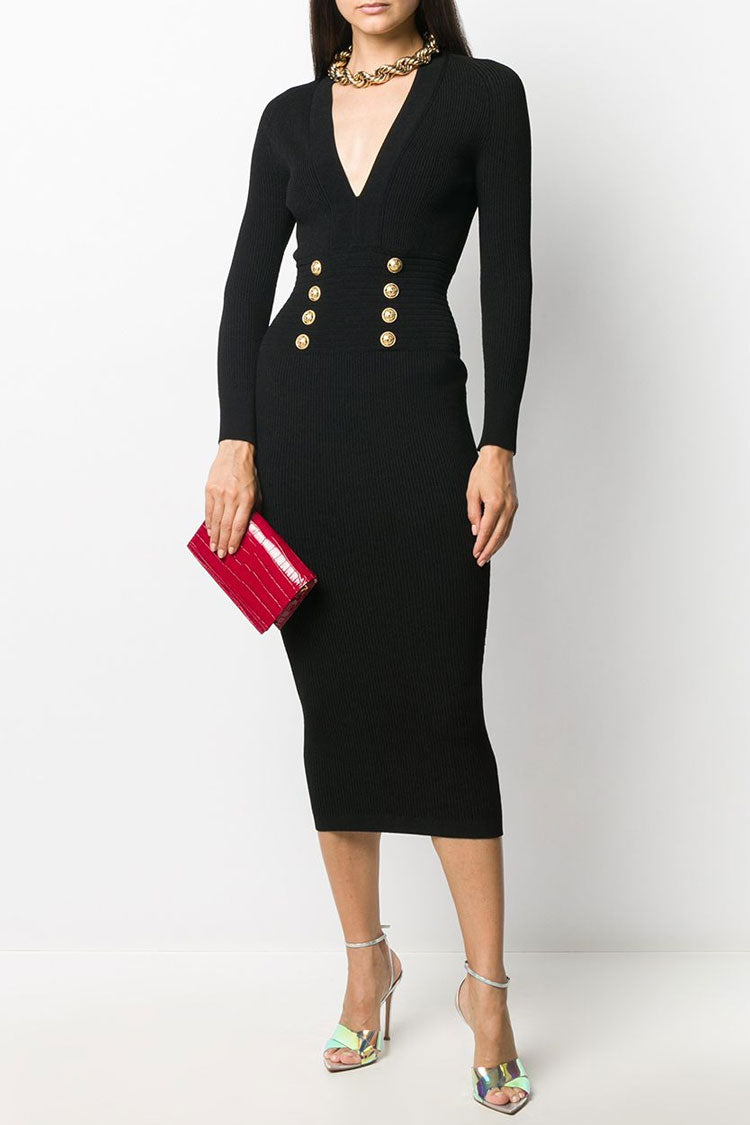Black Deep V-Neck Long Sleeve Button Trim Ribbed Knit Sweater Midi Dress