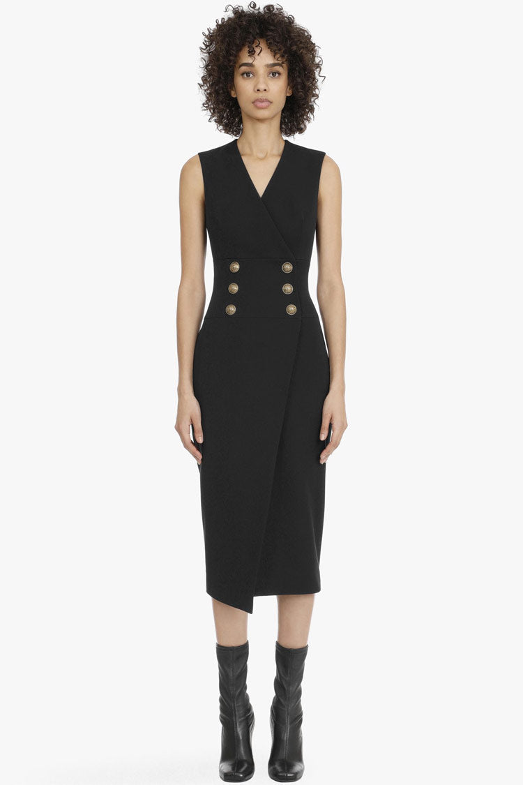 Black V-Neck Sleeveless Double Breasted Button Wrap Sheath Midi Dress