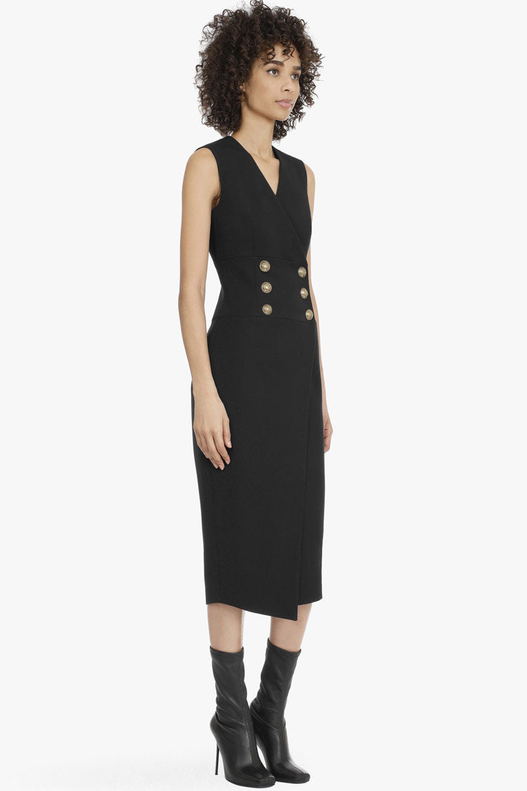 Black V-Neck Sleeveless Double Breasted Button Wrap Sheath Midi Dress