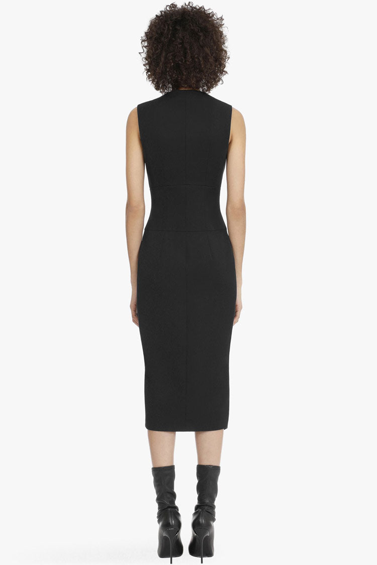 Black V-Neck Sleeveless Double Breasted Button Wrap Sheath Midi Dress