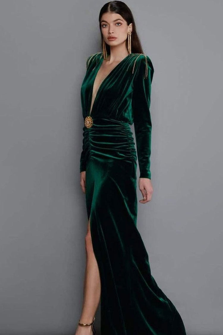Emerald Green Plunge V-Neck Chain Shoulder Velvet Ruched High Slit Maxi Dress