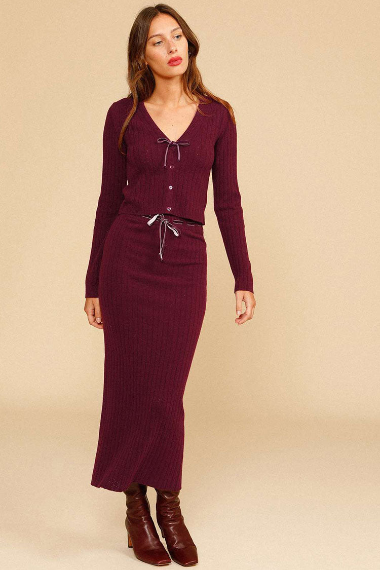 Burgundy Ribbed Knit Long Sleeve Cardigan Two Piece Maxi Dress