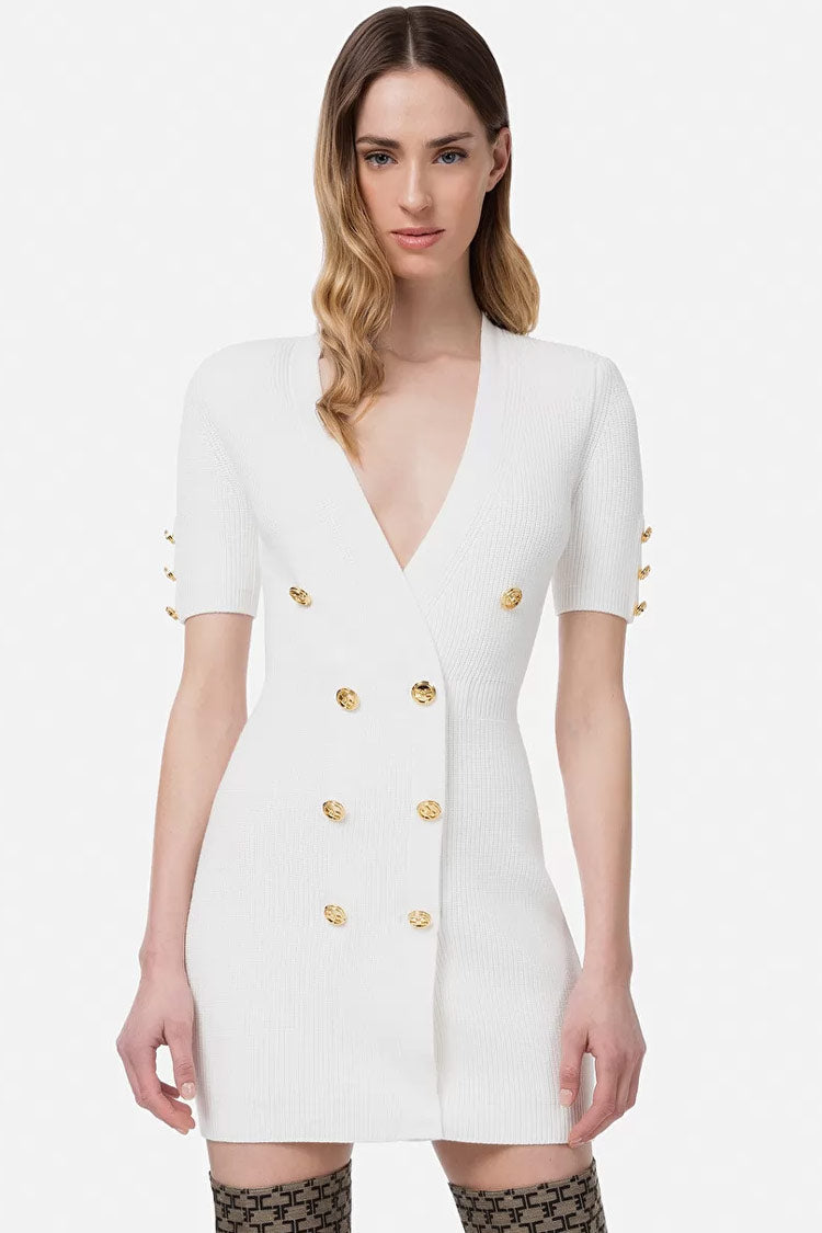 White Deep V-Neck Short Sleeve Gold Button Double-Breasted Knit Mini Dress