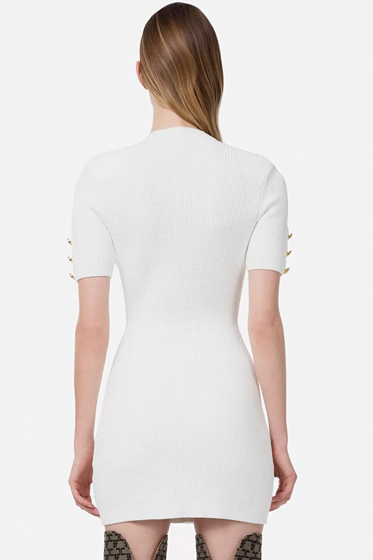 White Deep V-Neck Short Sleeve Gold Button Double-Breasted Knit Mini Dress