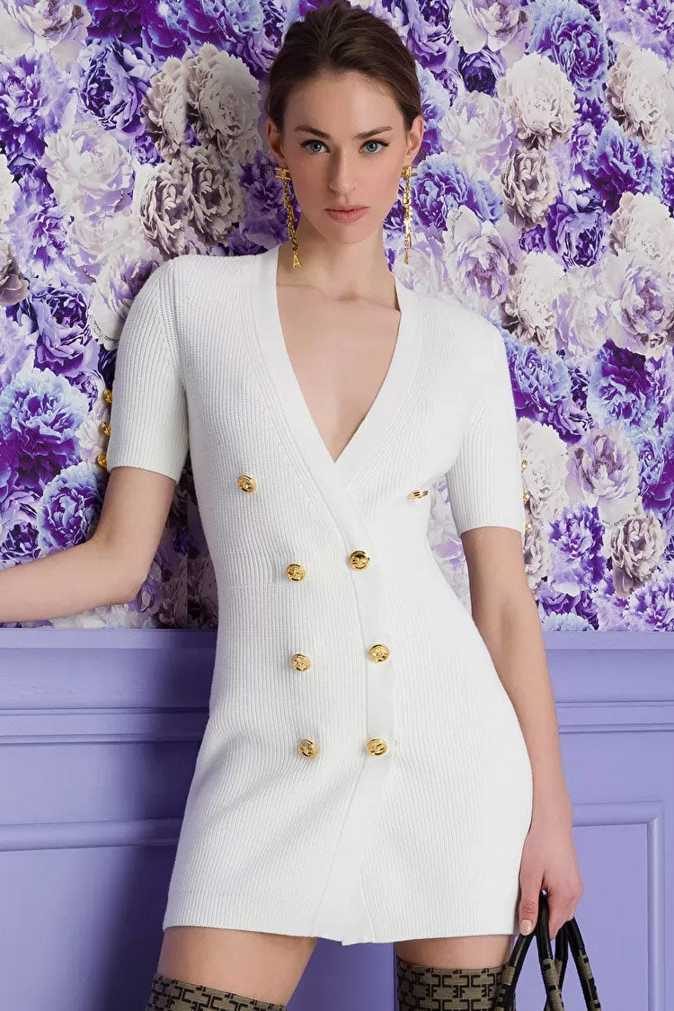 White Deep V-Neck Short Sleeve Gold Button Double-Breasted Knit Mini Dress