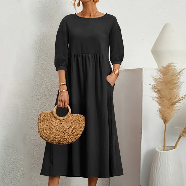 Round Neck Three Quarter Sleeve Babydoll Pocket Midi Dress