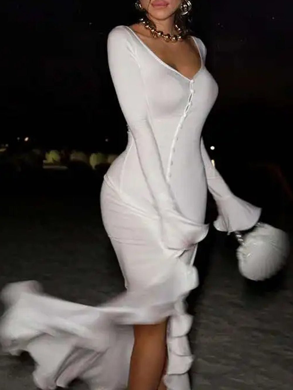 Long Sleeve Deep V-Neck Contrast Trim Button Front Ruffle Cuff High Split Midi Dress 7