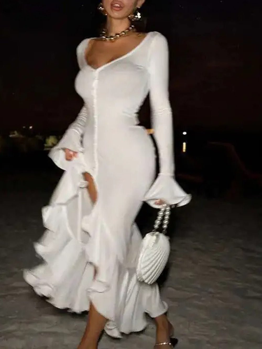 Long Sleeve Deep V-Neck Contrast Trim Button Front Ruffle Cuff High Split Midi Dress 6