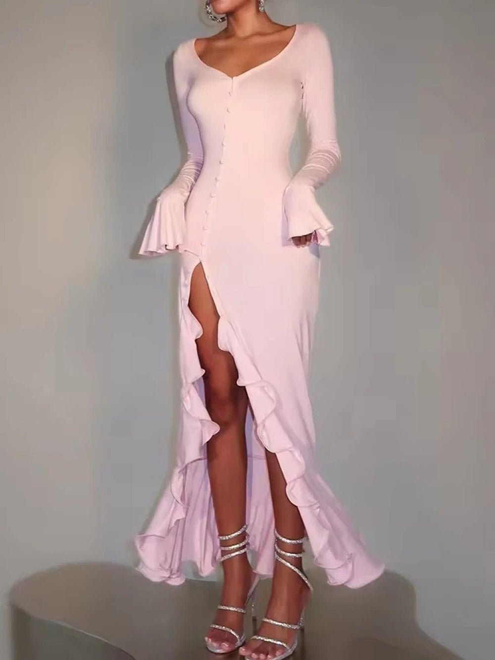 Long Sleeve Deep V-Neck Contrast Trim Button Front Ruffle Cuff High Split Midi Dress 4