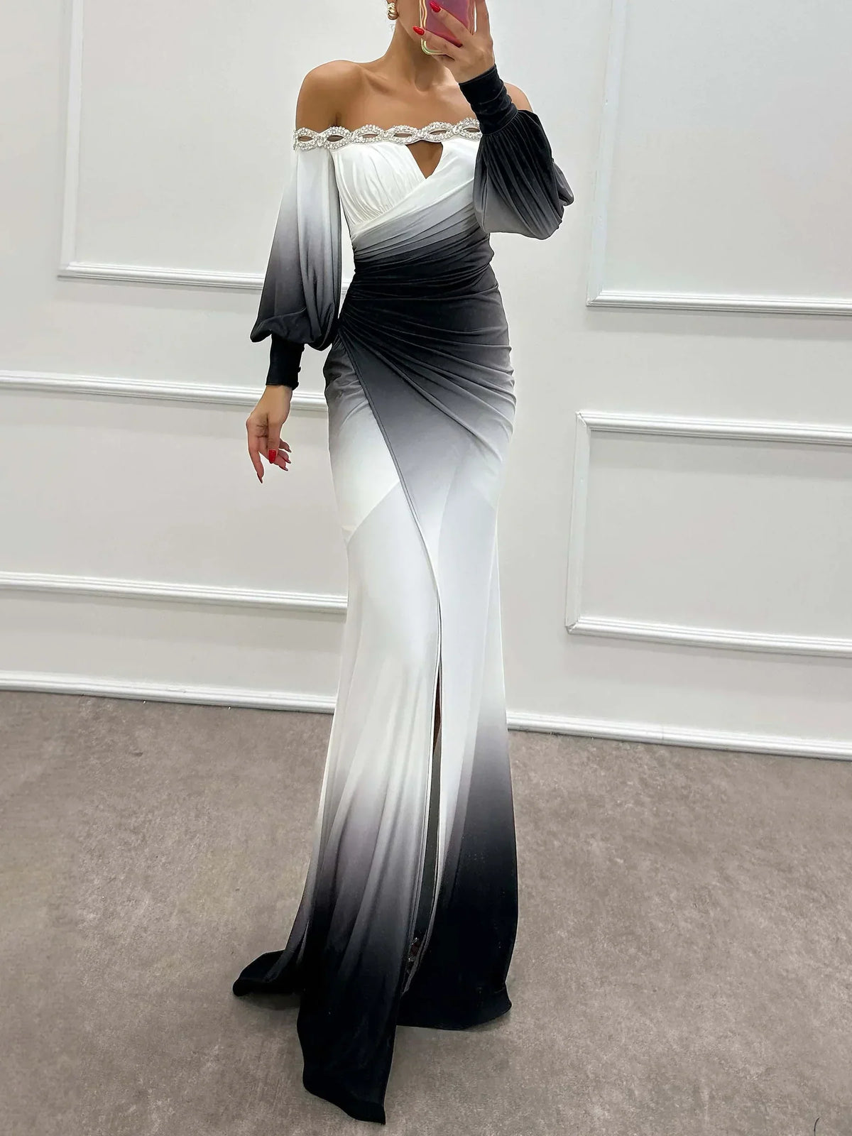 Off-Shoulder Rhinestone Trim Cutout Puff Sleeve Ruched High Slit Mermaid Gown 2