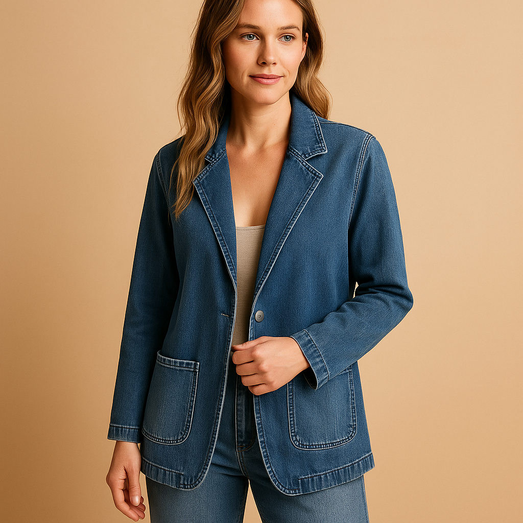 Blue Notch Lapel Denim Single Button Patch Pocket Fitted Blazer