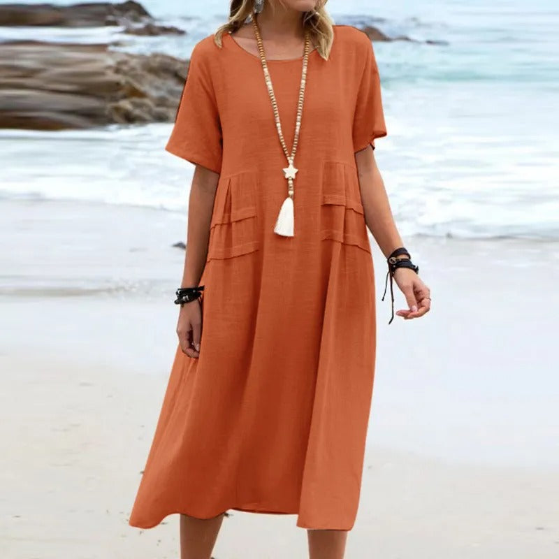 Round Neck Short Sleeve Linen Pocket Shift Midi Dress