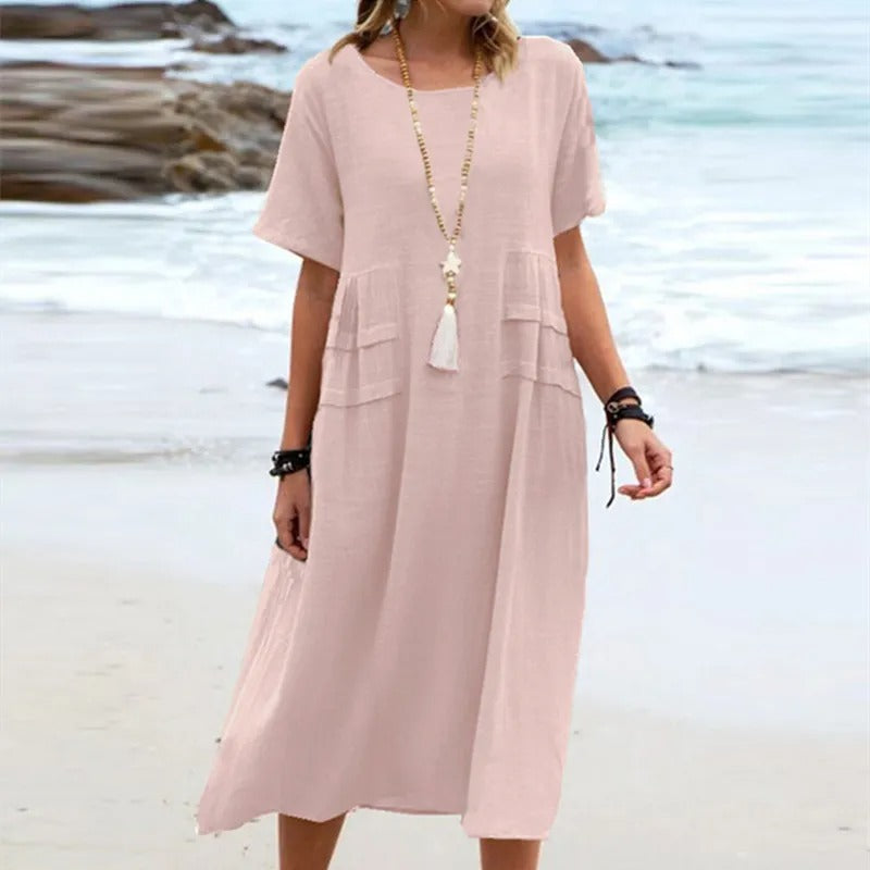 Round Neck Short Sleeve Linen Pocket Shift Midi Dress