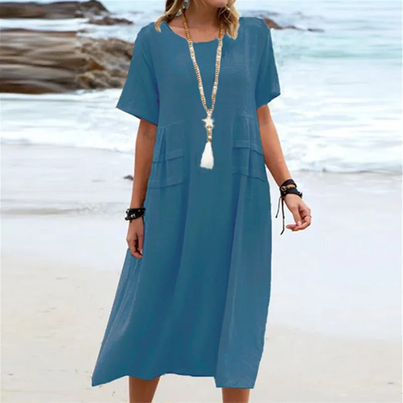 Round Neck Short Sleeve Linen Pocket Shift Midi Dress