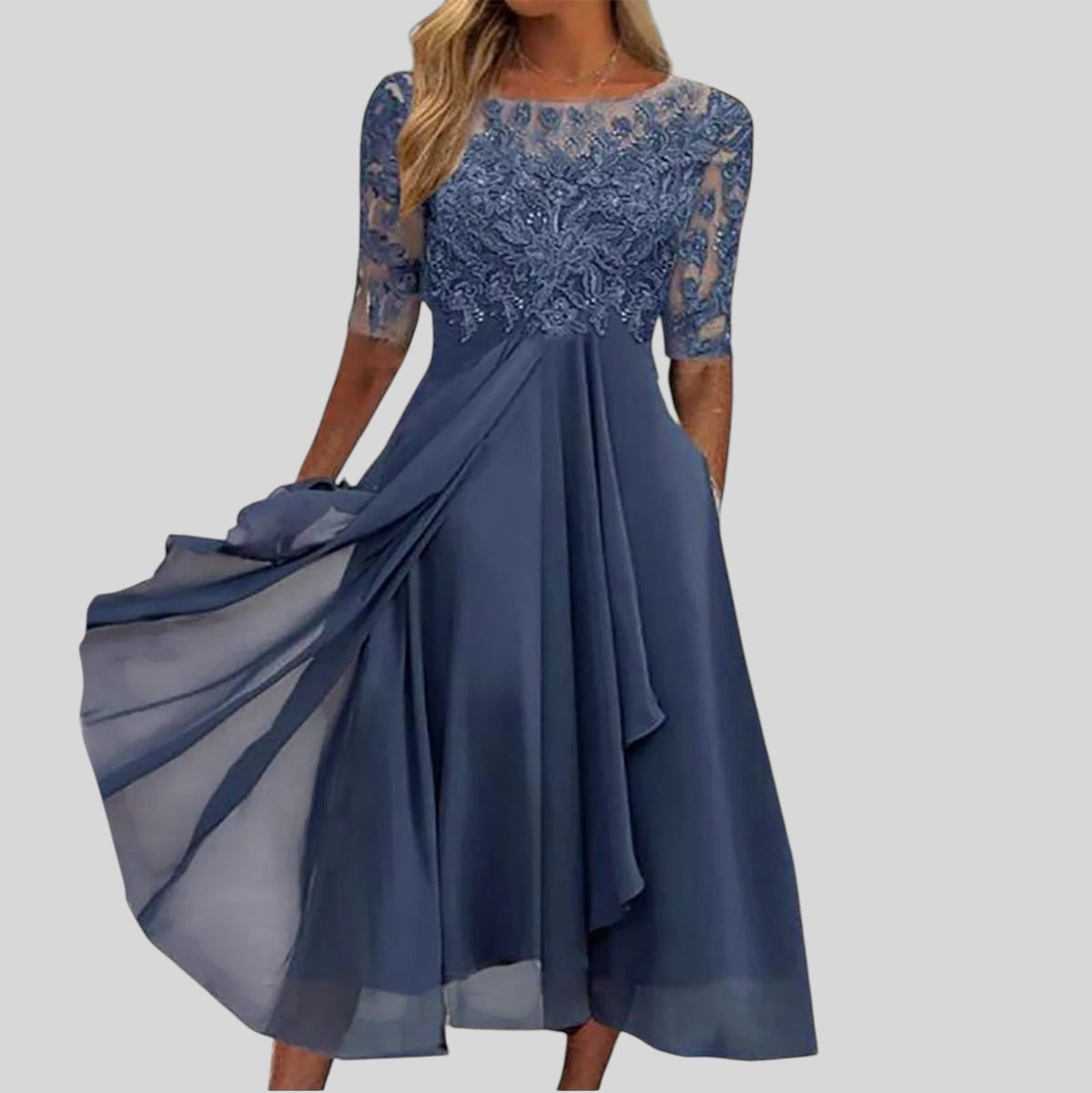 Round Neck Half Sleeve Lace Applique Illusion Chiffon Midi Dress