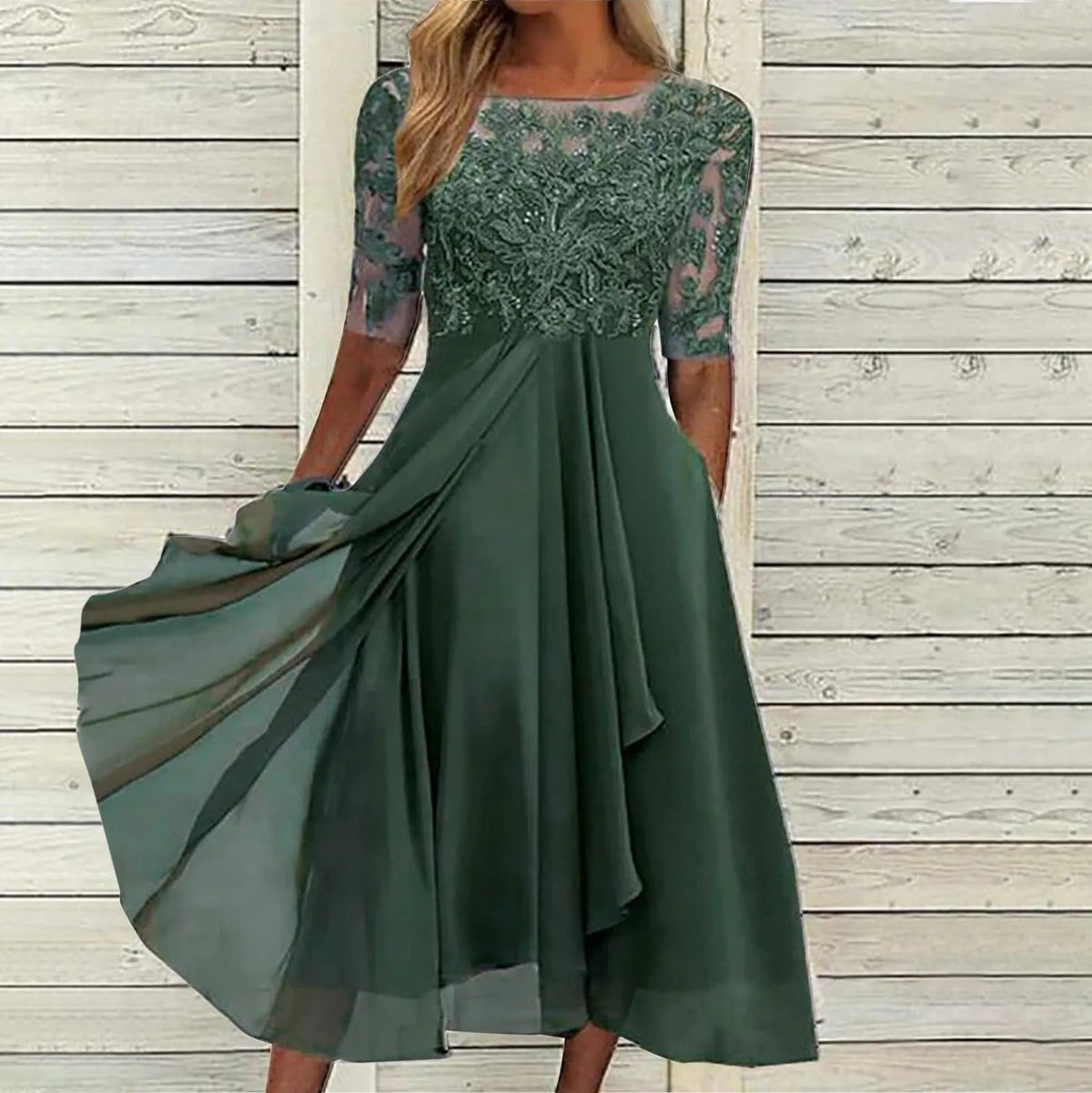 Illusion Neck Lace Applique Sequin Chiffon A-Line Midi Dress